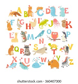 Cute vector zoo alphabet. Funny cartoon animals. Vector Illustration EPS10 isolated on white background. Letters. Learn to read