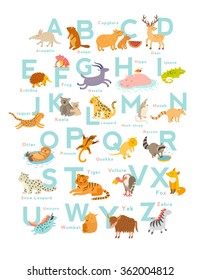 Cute vector zoo alphabet. Funny cartoon animals. Vector Illustration EPS10 isolated on white background. Letters. Learn to read