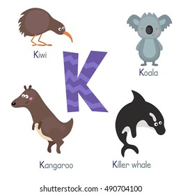 Cute vector zoo alphabet. Funny cartoon animals: kiwi, koala, kangaroo, killer whale.