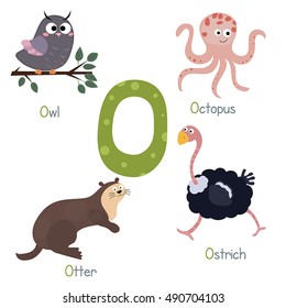 Cute vector zoo alphabet. Funny cartoon animals: owl, octopus, otter, ostrich.