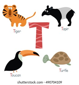 Cute vector zoo alphabet. Funny cartoon animals: tiger, tapir, toucan, turtle.