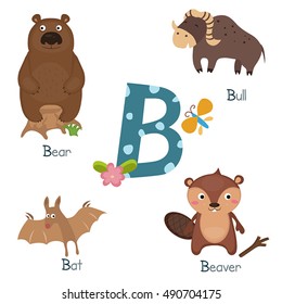 Cute vector zoo alphabet. Funny cartoon animals: bear, badger, bat, bull.