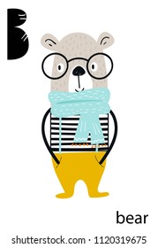 Cute vector zoo alphabet poster with cartoon animals. Set of kids abc poster in scandinavian style.