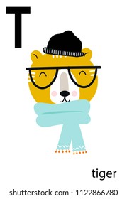 Cute vector zoo alphabet poster with cartoon animals. Set of kids abc poster in scandinavian style.