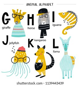 Cute vector zoo alphabet poster with cartoon animals. Set of kids abc elements in scandinavian style.