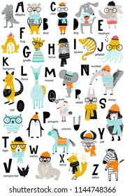 Cute vector zoo alphabet poster with cartoon animals. Set of kids abc elements in scandinavian style.