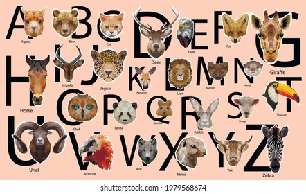 Cute vector zoo alphabet poster with low poly animals. Set of kids abc elements in scandinavian style.