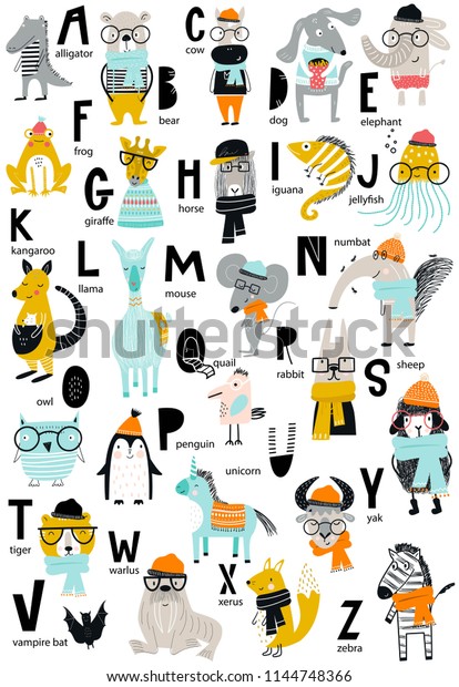 Cute vector zoo alphabet\
poster with cartoon animals. Set of kids abc elements in\
scandinavian style.