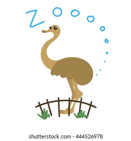 Cute Vector Zoo Animal. Kawaii eyes and style. Doodle illustration. Ostrich