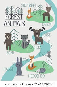 Cute vector zoo poster with animals of the forest in Scandinavian style.