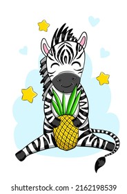 Cute vectorafrican animal in cartoon style. zebra with pineapple.