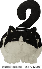 Cute vectorized hand-made illustration of a black and white tuxedo cat resting on its paws, with the tail curled above its body.