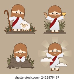 Cute vectors of Jesus Christ set, with a lamb, Passover wine and bread, praying in Gethsemane, ascension