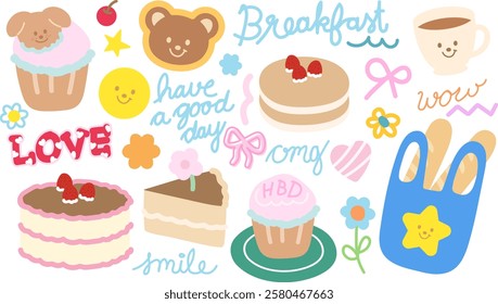 Cute vectors of  puppy, teddy bear, coffee mug, pancake, cupcake, birthday cake, bread loaf, flowers for food, breakfast, lunch, pastry, bakery, cafe, restaurant, menu, recipe, sweet dessert, pet food