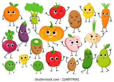 Cute vegan food set icons concept without people scene in the flat cartoon style. Funny pictures of vegetables and fruits that vegans eat. Vector illustration.