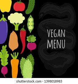 Cute Vegan Menu background as chalk board with various vegetables for your decoration