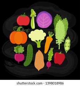Cute Vegan Menu background as chalk board with various vegetables for your decoration