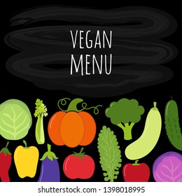 Cute Vegan Menu background as chalk board with various vegetables for your decoration
