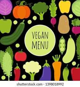 Cute Vegan Menu frame background with various vegetables for your decoration