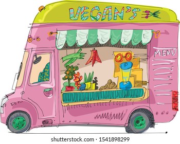 Cute vegan street food trailer mini bus full of food and equipments. Cartoon. Caricature.
