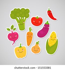 Cute vegetable: broccoli, carrot, tomato, pepper, onion, chili, eggplant, corn, beet