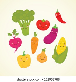 Cute vegetable: broccoli, carrot, tomato, pepper, onion, chili, eggplant, corn, beet.