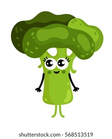 Cute vegetable broccoli cartoon character isolated on white background vector illustration. Funny positive and friendly broccoli emoticon face icon. Happy smile cartoon face, comical vegetable mascot