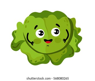 Cute vegetable cabbage cartoon character isolated on white background vector illustration. Funny positive and friendly cabbage emoticon face icon. Happy smile cartoon face, comical vegetable mascot