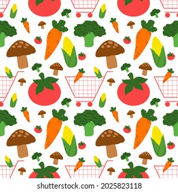 Cute vegetable and cart with seamless pattern, Broccoli Mushroom Carrot Corn and Tomato.