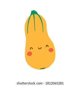 Cute vegetable. Cartoon butternut squash. Healthy food. Flat vector hand drawn illustration on white background