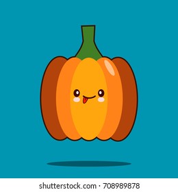 Cute vegetable cartoon character pumpkin icon kawaii Smiling face. Flat design Vector Illustration Fresh farm healthy food