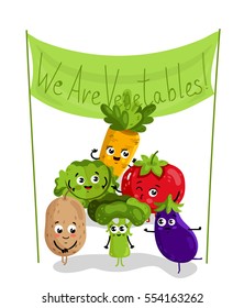 Cute vegetable cartoon characters isolated on white background vector illustration. Funny carrot, potato, cabbage, tomato, broccoli, eggplant with banner. Happy smile emoticon face, comical food emoji