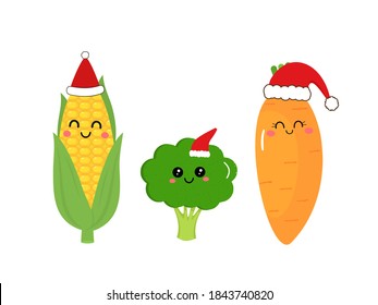 Cute vegetable cartoon wearing Santa hat on white background vector illustration.