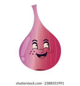 Cute vegetable character with a cheerful face. A beautiful, healthy red onion. Baby flat graphic vector illustration isolated on white background.