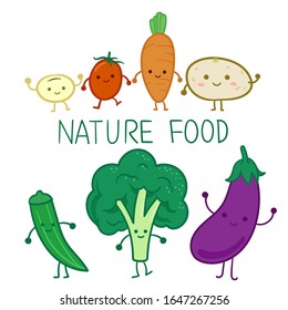 Cute vegetable character on white background.Concept of nature food. Flat Vector Illustration.
