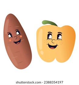 Personajes vegetales con caras alegres. Pimienta amarilla y batata. Ilustración de vector gráfico plano sobre fondo blanco.

