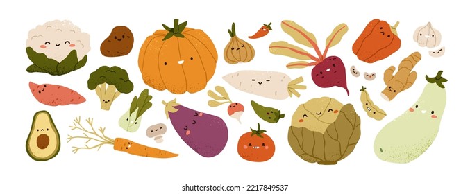 Cute vegetable characters with funny kawaii faces. Happy smiling healthy food set. Fun pumpkin, ginger, cauliflower and avocado. Kids flat graphic vector illustrations isolated on white background