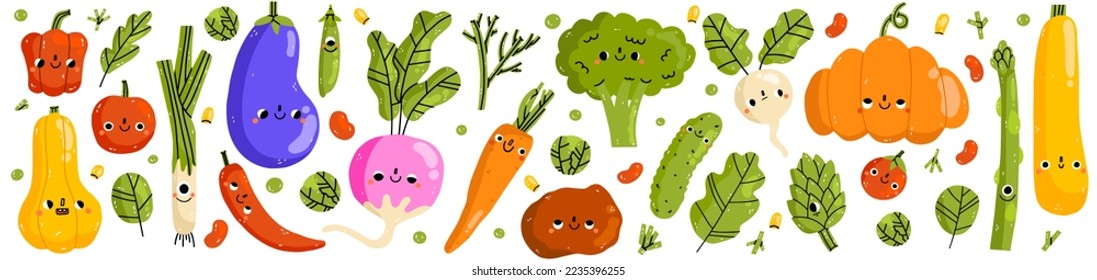 Cute vegetable characters with funny kawaii faces. Happy smiling healthy food set. Fun pumpkin, pepper, radish, potato. Kids flat graphic vector illustration isolated on white background