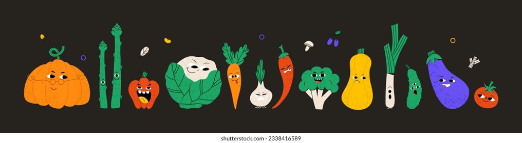 Cute vegetable characters with funny kawaii faces. Happy smiling healthy food set. Fun pumpkin, radish, broccoli, onion, tomato. Kids flat graphic vector illustrations isolated on black background