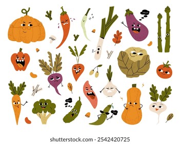 Cute vegetable characters with funny kawaii faces. Happy smiling healthy food set. Fun pumpkin, radish, broccoli, onion, tomato. Kids flat graphic vector illustrations isolated on white background