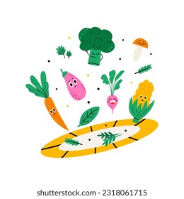 Cute vegetable characters on plate. Healthy food illustration for children cafe, menu. Hand drawn flat illustration isolated on white background.