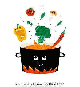 Cute vegetable characters on plate. Healthy food illustration for children cafe, menu. Hand drawn flat illustration isolated on white background.