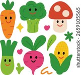Cute Vegetable Characters Set – Colorful Smiling Veggie Doodles for Kids and Food Design