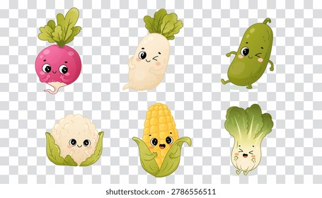 Cute vegetable characters set featuring radish cucumber corn cauliflower and bok choy cartoon illustration