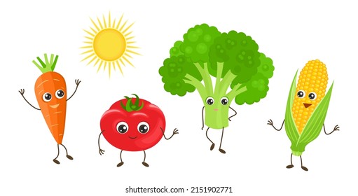 Cute vegetable characters. Set of funny food vector illustration. Cartoon happy carrot, tomato, broccoli and yellow corn.