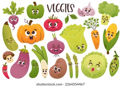 Cute vegetable collection with cartoon faces. Isolated colorful cliparts. Vector illustration.