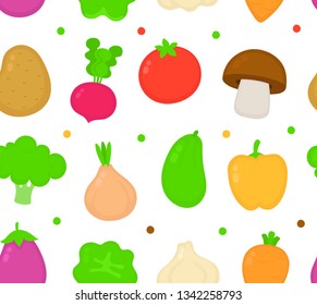Cute vegetable collection set seamless pattern.Vector illustration design.Isolated on white background.Carrot, tomato, onion, garlic, broccoli, pepper, radish seamless pattern design