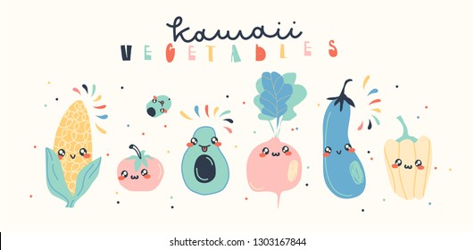 Cute vegetable collection. Vector illustration.