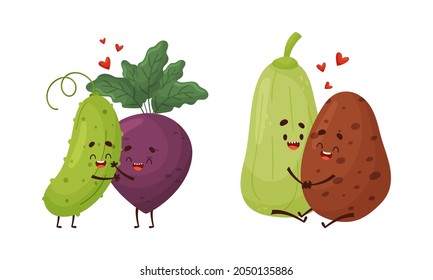 Cute Vegetable Couples Embracing and Hugging Vector Set