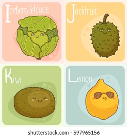 Cute Vegetable and Fruit Alphabet. Cartoon Characters